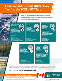 A thumbnail of the Canadian Admissions Flyer, showing 5 admissions officers share why their universities accept the TOEFL iBT test