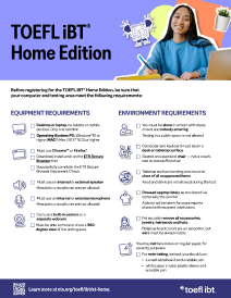 Thumbnail image showing the first page of the TOEFL iBT Home Edition checklist. Check boxes are visible beside equipment and environment requirements.