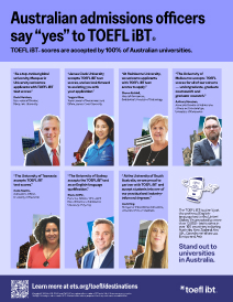 A thumbnail of a flyer highlighting multiple Australian admissions officers discussing acceptance of the TOEFL iBT test